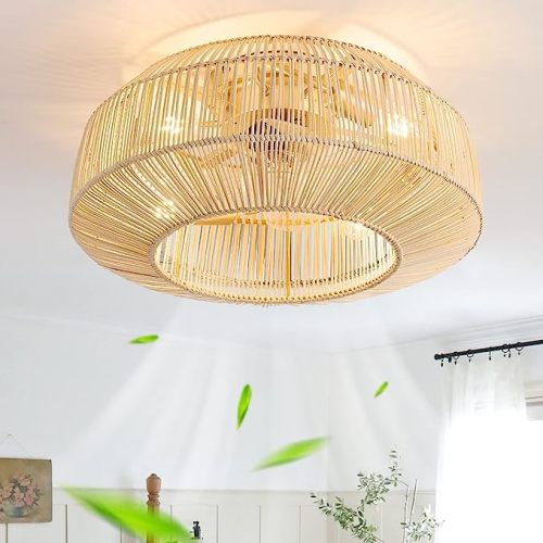 20" Boho Caged Ceiling Fan with Lights Flush Mount, Low Profile Rattan Ceiling Fans with Lights and Remote Control, Enclosed 6 Speeds for Bedroom, Living Room, Kitchen - Boho/Rattan/Caged Ceiling Fan with Lights Flush Mount