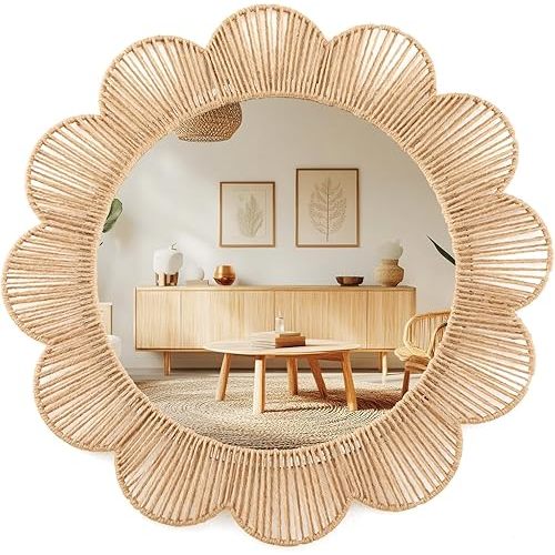 24 Inch Boho Scalloped Jute Wall Mirror Decorative Flower Round Wavy Mirror with Frame Rustic Farmhouse Rattan Wicker Natural Wall Decor for Bathroom Bedroom Office