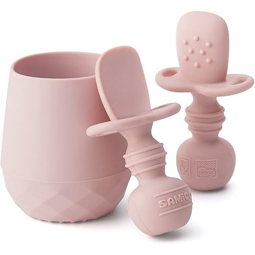 SAMiGO Silicone Baby Utensils - Self Feeding Spoons and Tiny Training Cup - First Stage Baby Led Weaning Supplies for 6 Months+ Infants - Set of 3