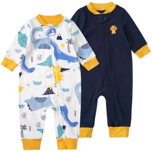 Teach Leanbh Baby 2-Pack 100% Cotton Romper Jumpsuits Two Way Zipper Long Sleeve Footless Sleep and Play