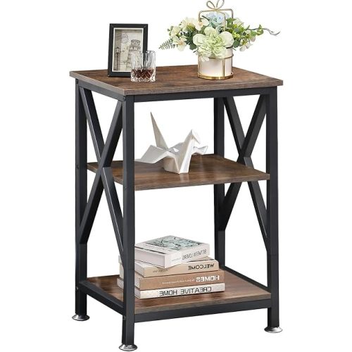 End Tables with Storage Shelf, 12" Deep x 16" Wide x 24" High, Small Side Table 3-Tier, End Tables Living Room Farmhouse, X-Shaped Night Stands for Bedrooms Bedside Tables, End Table Wood and Metal