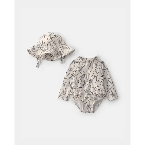 Baby Girl 2-Piece Floral Rashguard Swimsuit & Hat Set - Black/Ivory | Carter's