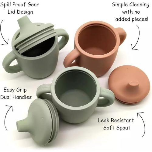 Silicone Sippy Cup and Training Cup for Baby 6 months+ Soft Spout and Handles Unbreakable Easy Grip for Babies 6-12 months and Toddlers 1-3 years 5oz/150ml (Sandy Shore and Green)