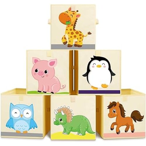 Kigley 6 Pcs Collapsible Cube Storage Bins Kids Foldable Storage Cube Organizer Fabric Toy Box Decorative Kids with Handles for Home Nursery Bedroom, 10.6 x 10.6 Inch(Cute Animal)