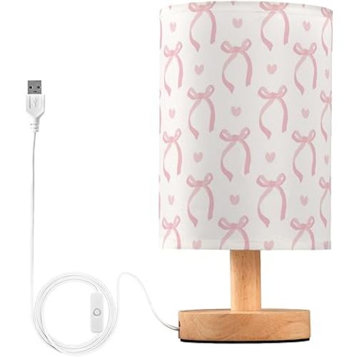 Aslsiy Cute Coquette Pink Bow Bedside Table Lamp White Nightstand Lamp Night Light Fabric Shade for Bedroom Living Room Home Office