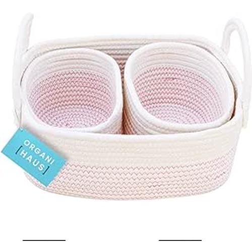 OrganiHaus Pink Baby Changing Basket | Nursery Storage Baskets for Shelves | Cotton Rope Basket w/Handles | Cloth Basket for Toys | Towel Basket Bins | Set of 3 Small Woven Basket for Storage - Stitches Pink