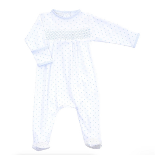 Magnolia Baby Boy Gingham Dots Smocked Footie in Light Blue