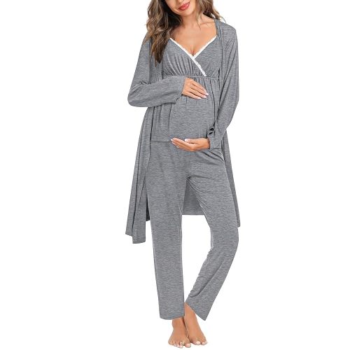 SWOMOG Maternity Nursing Robe Set 3 Piece Breastfeeding Pajamas 3 in 1 Labor Delivery Sleevless Tops&Long Pants Pregnancy Pjs