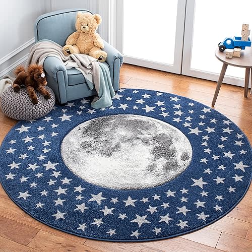 SAFAVIEH Carousel Kids Collection 5'3" Round Navy/Grey CRK135N Moon & Stars Non-Shedding Playroom Nursery Bedroom Area Rug