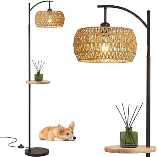 Boho Floor Lamp, Rattan Floor Lamp with Shelf, Bohemian Bamboo Wicker Coastal Rustic Farmhouse Woven Tropical Wood Tall Standing Lamp with Table for Living Room Bedroom