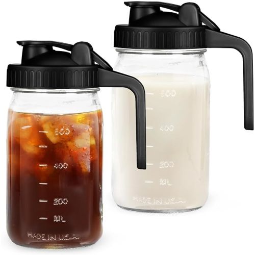 Breast Milk Pitcher Mason Jar - 2Pack Easy Pouring 32oz Airtight Glass Jar with Pour Spout Lid, Classic Wide Mouth Jug Easy to Clean, Ideal for Coffee & Creamer, Iced & Sun Tea, Juices