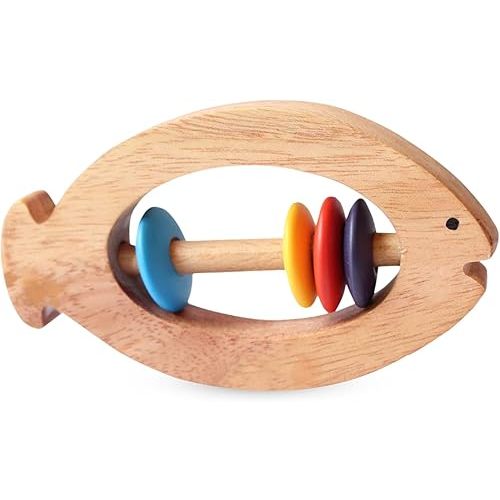 Shumee Wooden Fish Rattle Rings and Teethers for Infants | Sensory Toy | 100% Safe, Natural & Eco-Friendly | 6 Months+
