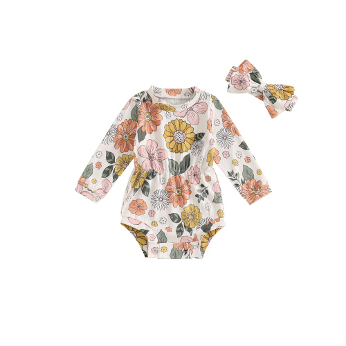 Suealasg Newborn Infant Girl Autumn Outfits Long Sleeve Crew Neck Flower Print Romper Bodysuit+Headband 3 6 9 12 18 Months Baby Girl Clothes