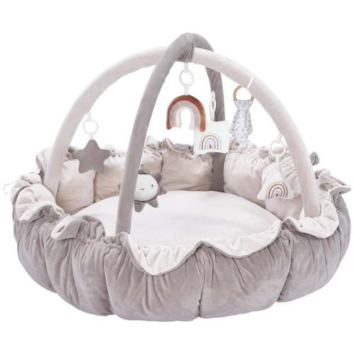 5-in-1 Thick & Plush Play Gym, Tummy Time Play Mat with 6 Toys, Cat Bed, Dog Bed, Tummy Time Comfortable