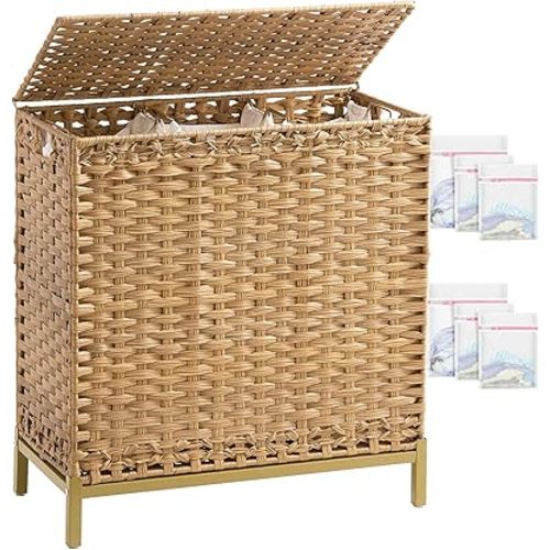 Laundry Hamper with Lid 132 L, (35 Gallons) Clothes Hamper with Lid, Handwoven Rattan Laundry Hamper with Metal Heightened Feet, Laundry Hampers with 3 Removable Liner Bags for Laundry-Natural