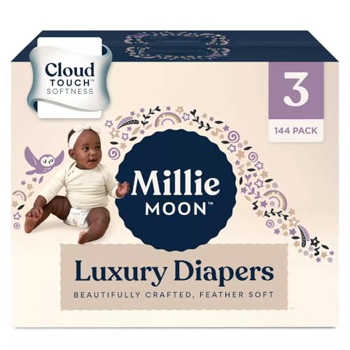 Millie Moon Luxury Diapers – Ultra Soft Cloud Touch Disposable Diapers with 12 Hour Absorbency & Wetness Indicator (3-144ct)