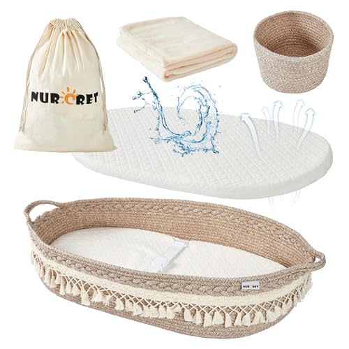 Baby Changing Basket, Foldable Portable Changing Pad, Moses Basket for Newborn, Changing Table Topper for Dresser, Cotton Rope Diaper Caddy for Travel&Nursery, Waterproof Foam Pad Cover, Brown