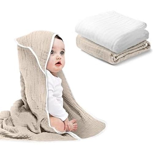 Baby Hooded Towels for Babies and Toddlers, Muslin Baby Bath Towel Soft and Absorbency for Boys and Girls (Brown and White 2 Pack)