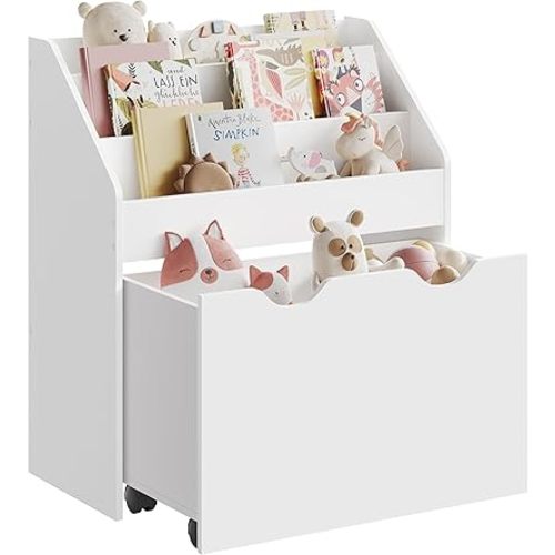 SONGMICS Kids Bookshelf and Toy Organizer, Toy Storage Chest and Bookcase with 3 Shelves, Storage Box with Wheels, Multipurpose, for Children's Room and Playroom, Cloud White UGKR041W10