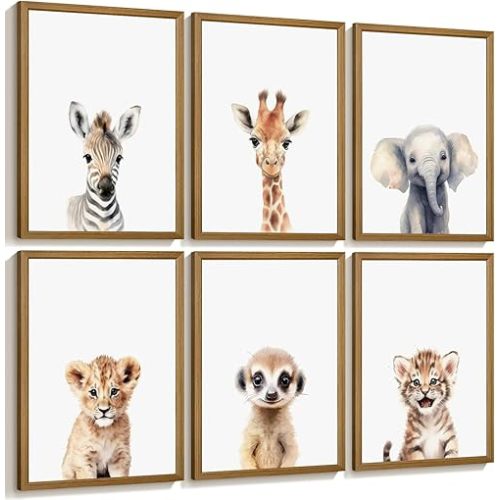 Safari Nursery Wall Art Decor Set of 6 Baby Animal Wall Art Kids Canvas Wall Art Safari Nursery Pictures Jungle Animal Prints Baby Boy Art Giraffe Painting for Room Bedroom 8x10 Inch Framed