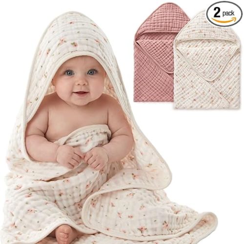 Blissful Diary Muslin Baby Hooded Towel 2 Pack, Soft & Absorbent Bath Towel for Baby Girls, Infant Gift, Newborn Essentials, Pink Floral & Light Pink
