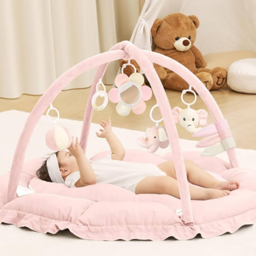 ANGELBLISS 5 in 1 Baby Play Gym Mat, Reversible Tummy Time Mat with 5 Sensory Toys for Stage-Based Developmental, Thick & Large Baby Activity Center from Newborn to Toddler (Pink)