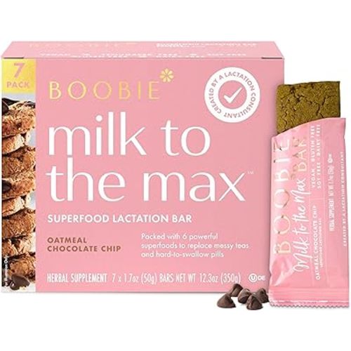 Boobie Bar Superfood Oatmeal Chocolate Chip Lactation Bar for Breastfeeding Moms to Increase Milk Supply | #1 Selling Lactation Snack Bars | Vegan, Fenugreek-Free, Gluten-Free, Dairy-Free (7 Bars)