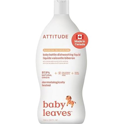 ATTITUDE Baby Dish Soap and Bottle Cleaner, Made in Canada, EWG Verified Dishwashing Liquid, No Added Dyes or Fragrances, Tough on Milk Residue and Grease, Vegan, Pear Nectar, 700 mL
