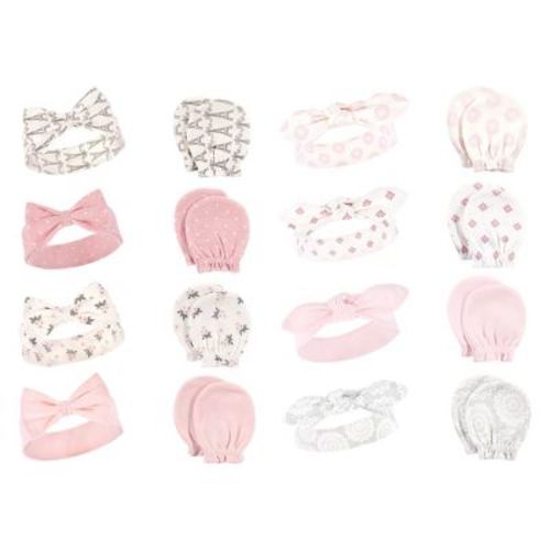 Hudson Baby Infant Girl 16Pc Cotton Headband and Scratch Mitten Set, Paris Lace Medallion, 0-6 Months