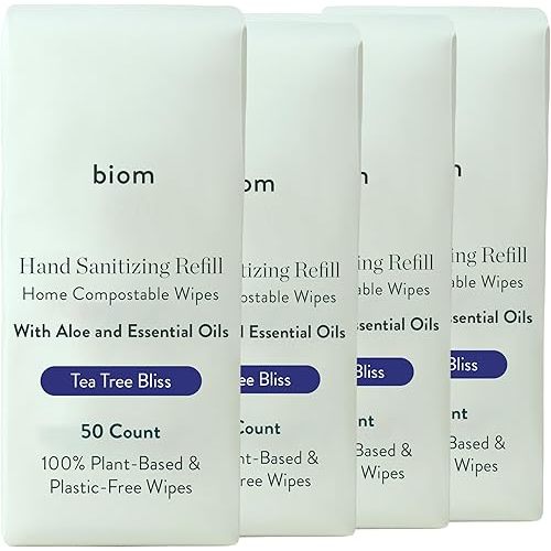 Biodegradable Hand Sanitizing Wipes 4-Pack Refill Kit - Kid-Safe Wipes | Plant-Based Hand Wipes for Home & Travel | Natural, Non-Toxic Wet Wipes with Aloe for Soft Skin | Tea Tree Scent