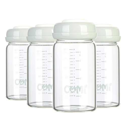 COMI Wide Neck Glass Breastmilk Collection n Storage Bottle, 4 Packs, 6oz with Screw Ring Sealing Disk; Re-markable Sealing Disc. BPA Free, Fits Breast Pumps & Nipples (4 Gray Lids)