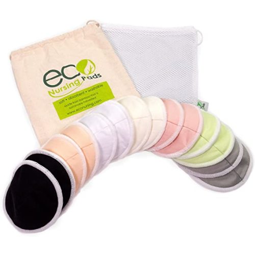 EcoNursingPads' Contoured Washable Reusable Bamboo Nursing Pads, Organic Bamboo Breastfeeding Pads, Multi-Color, Large (12cm), 14 Pack with 2 Bonus Bags & E-Book - Contoured 14 Piece Large (12cm)