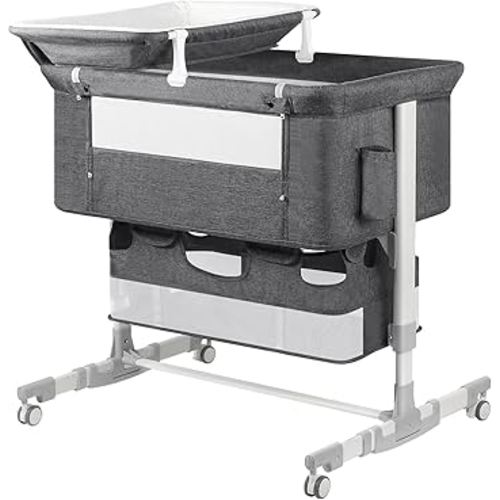 Baby Bassinet Bedside Sleeper with Diaper Changing Station + Mosquito Net + 16gallon Capacity Storage, Adjustable & Portable Bassinet Cosleeping Baby Bed (Grey)