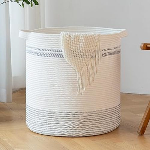 OIAHOMY 80L Laundry Basket, Laundry Hamper, Cotton Rope Storage Basket with Handles, Decorative Woven Basket for Living Room,Storage Baskets for Clothes, Blankets, and Toys -20''×18'', White&Gray