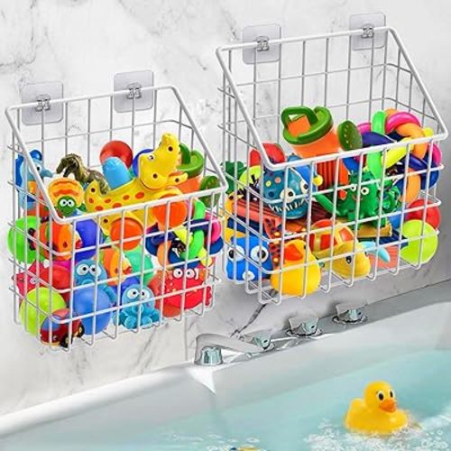 2 Pack Bath Toy Storage Organizer Basket, Large Metal Bathtub Toy Holder, Wall Mounted Hanging Shower Basket, Bath Toy Organizer For Bathtub for Easy Access and Sorting Toys/Clothes/Toiletries