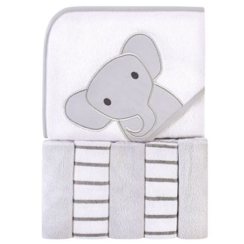 Hudson Baby Infant Unisex Hooded Towel And Five Washcloths, Modern Elephant, One Size