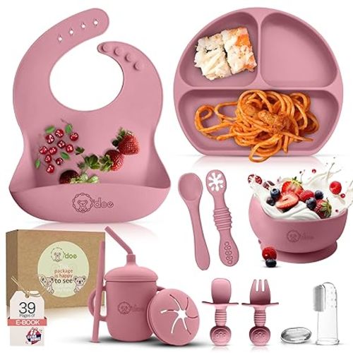 o'doe 11-Piece BPA-Free Silicone Baby Feeding Set | Thick & Soft Suction Plates, Baby Bowls, Wooden Fork & Spoon, and More | Make Mealtime Fun and Easy for Your Little One (Rose, V1)