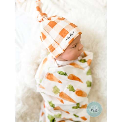 Organic Swaddle - Watercolor Carrots Cute Vegetable Swaddle Blanket + Knotted Beanie Hat | Watercolor Veggie Blanket | Baby Blanket Set