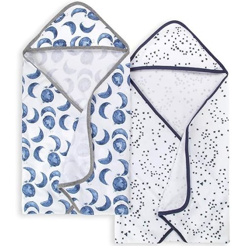 Burts Bees Baby Infant Hooded Towels Hello Moon! Organic Cotton, Unisex Bath Essentials and Newborn Necessities, Soft Nursery Towel with Hood Set, 2-Pack Size 29 x 29 Inch