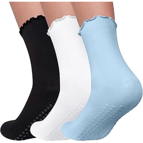 3 Pairs Pilates Socks with Grips Non Slip Ruffle Yoga Socks Grip Socks for Women