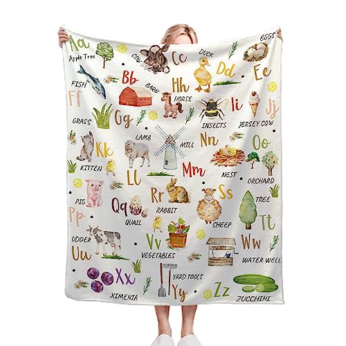 Farm Animals Print Throw Blanket - Cute Alphabet Learning Gift -Super Soft Flannel Blanket for Sofa Couch Camping Travel - Plush Warm Cozy Bed Home Decor for All Seasons, 40"x50"for Kids/Baby