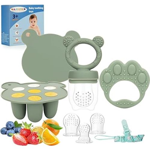 Baby Breastmilk Popsicle Molds & Baby Fruit Feeder (3 Pack), WAJIAYON Baby Food Freezer Tray Storage Containers, Silicone Teething Pacifier Feeder and Teether for Babies(Green)