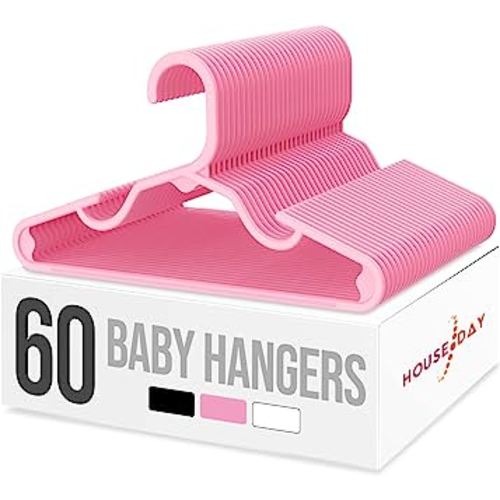 HOUSE DAY Plastic Baby Hangers for Closet 60 Pack, Durable Plastic Kids Hangers for Baby Clothes, Thin & Compact Childrens Hangers, Space Saving Pink Baby Hangers, Small Hangers for Kids Clothes