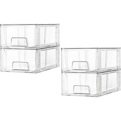 4 Pack Stackable Storage Drawers,Clear Acrylic Drawer Organizers with Handles, Easily Assemble for Fridge, Bathroom,Kitchen Undersink,Cabinet,Pantry organization and Storage