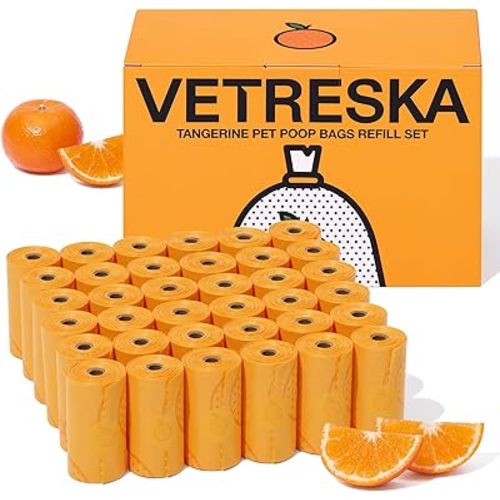 VETRESKA Citrus Scented Dog Poop Bags, Leak Proof, Extra Thick and Large Pet Waste Bags for Dogs Walking, Cat Litter and Babies' Diaper, 540 Count Bags (36 Refill Rolls), Orange