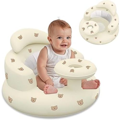 Baby Inflatable Seat for Babies 3 Months and Up, Inflatable Baby Chair with Tray, Toddler Floor Seats for Sitting Up, Blow Up Baby Chair with Back Support-Cute Bear