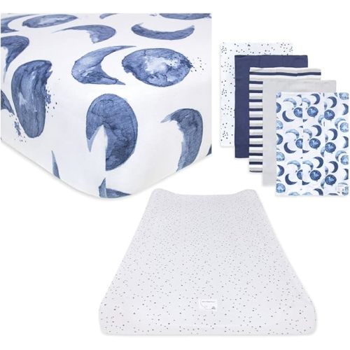 Burt's Bees Baby Unisex Baby Gift Set - Crib Sheet, Changing Pad Cover & Burp Cloths, 100% Organic Cotton Essentials Bundle