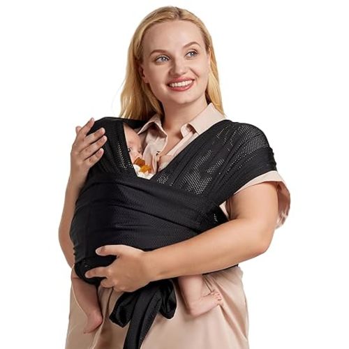 Momcozy Adjustable Buckle Baby Wrap Carrier Cooling Air-Mesh, Easy to Wear Baby Carrier Sling, Baby Carriers Newborn to Toddler 8-35lbs, Suit for Waist 30-47inch, Regular Black
