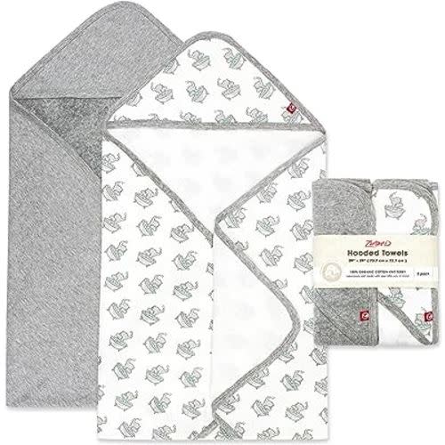Zutano Hooded Baby Towels, Organic Cotton Baby Bath Towel, Ultra Soft and Absorbent Baby Towel for Newborn and Infant | Girl, Boy, and Unisex Towel Set, Elephant Bath Time, 2-Pack