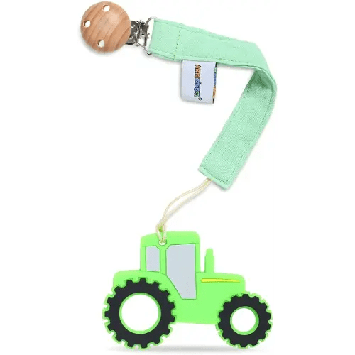 Baby Food Grade Silicone Tractor Car Teether Toy with Pacifier clip Holder,Teething Pain Relief Toys Gift Set for 3 Months+ Boys and Girls,Freezer Safe,BPA Free (Green)